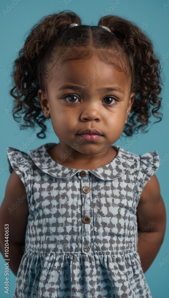 African child in patterned dress with neutral expression against plain background African child in patterned dress with neutral expression against plain background