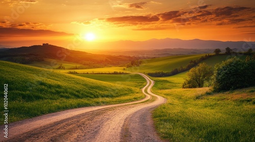 Winding countryside road leading through green hills, with a breathtaking sunset in the distance.