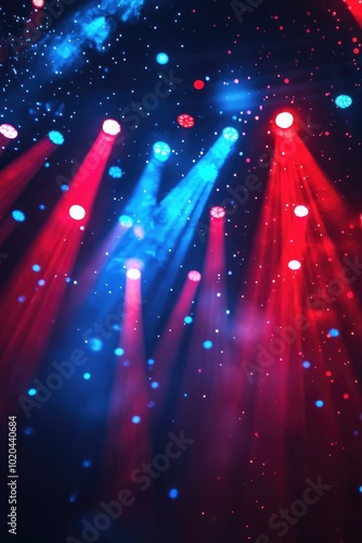 Abstract Neon Lights with Red and Blue Dots in a Dark Room: Trendy Party or Concert Poster Design with Copy Space