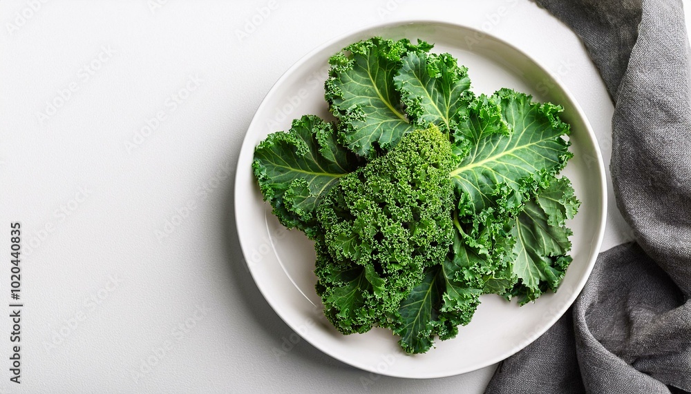 Green kale leaves on white plate, top view. Green kale leaves on white plate, top view.