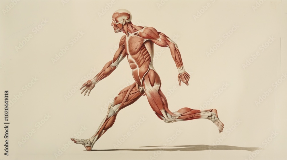 Anatomical illustration of a running human body, showcasing muscular structure. Anatomical illustration of a running human body, showcasing muscular structure.
