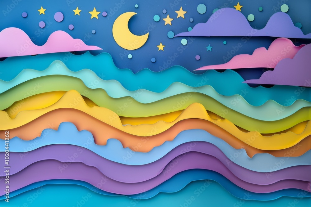 A colorful night sky scene with a crescent moon and stars above layered paper art hills in soft hues. A colorful night sky scene with a crescent moon and stars above layered paper art hills in soft hues.