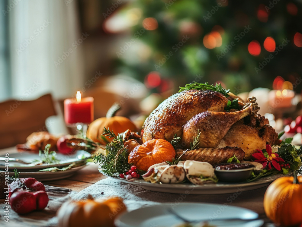 A beautifully decorated Thanksgiving turkey with autumn foliage in a warm, inviting setting A beautifully decorated Thanksgiving turkey with autumn foliage in a warm, inviting setting