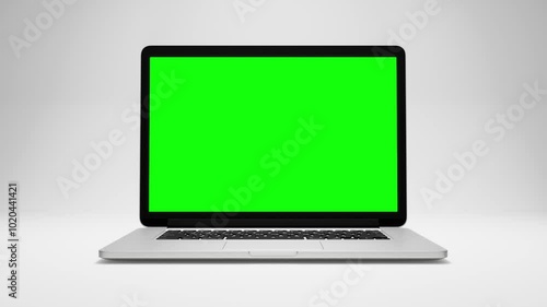3d rendering of a laptop opening and showing green screen on white background