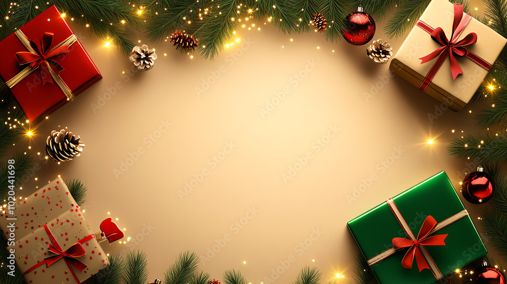 Festive Christmas scene with colorful presents and pine decorations, perfect for holiday celebrations and gift giving.