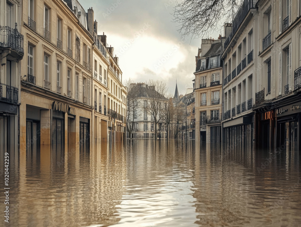 Fototapeta premium Flooded streets reveal submerged architecture in serene morning light