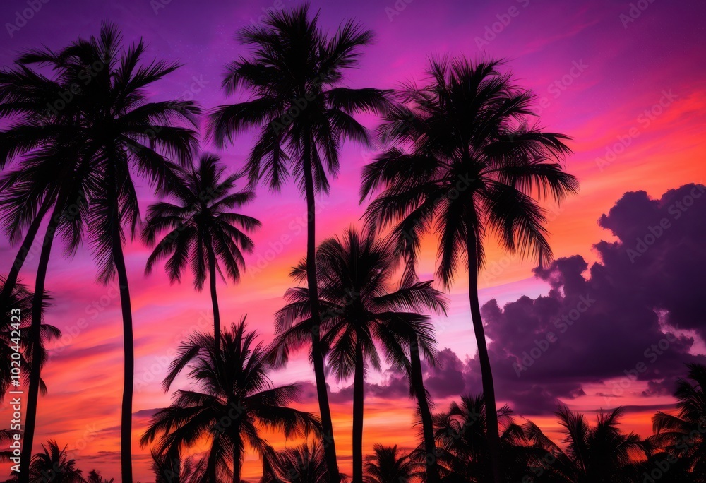 striking vibrant silhouettes palm trees beautifully colorful dusk sky, beach, horizon, tropical, sunset, orange, blue, pink, green, nature, outdoor striking vibrant silhouettes palm trees beautifully colorful dusk sky, beach, horizon, tropical, sunset, orange, blue, pink, green, nature, outdoor