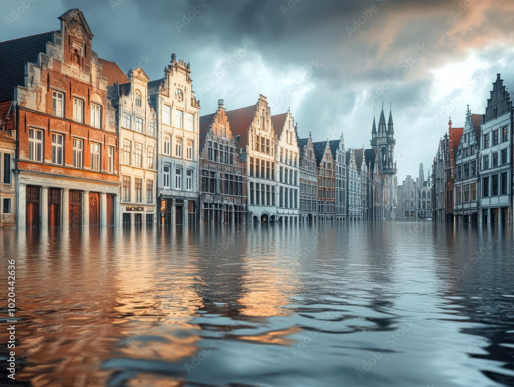 Fototapeta premium Flooded streets reveal submerged architecture in serene morning light