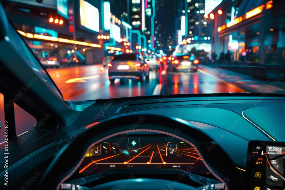 Through the sleek car's windshield, a vibrant city buzzes with life, blending reflections and neon lights into a seamless nighttime drive. Through the sleek car's windshield, a vibrant city buzzes with life, blending reflections and neon lights into a seamless nighttime drive.