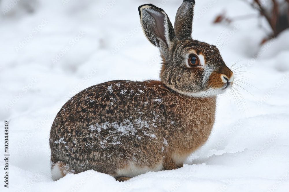 A snowshoe hare or varying hare (Lepus americanus) in the winter on a white background A snowshoe hare or varying hare (Lepus americanus) in the winter on a white background