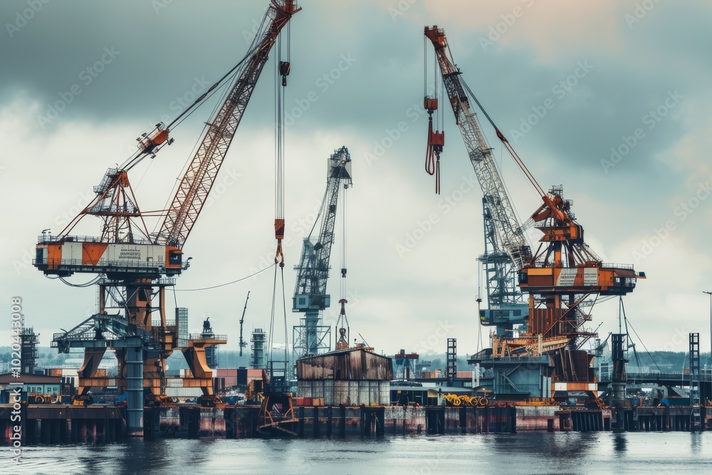 Towering cranes loom over a busy shipping port, their massive structures silhouetted against a cloudy sky, emphasizing the strength of industry. Towering cranes loom over a busy shipping port, their massive structures silhouetted against a cloudy sky, emphasizing the strength of industry.