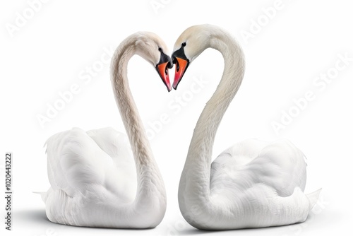 Two elegant swans forming a heart shape with their necks, white isolated background.