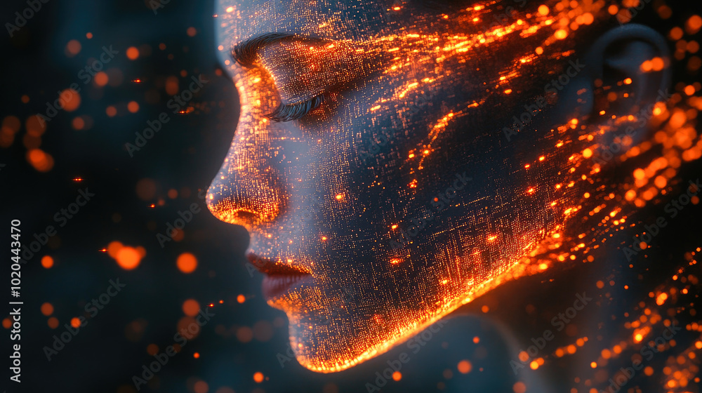 A female profile in darkness adorned with an array of glowing orange dots and lines, creating a futuristic, digital effect. A female profile in darkness adorned with an array of glowing orange dots and lines, creating a futuristic, digital effect.