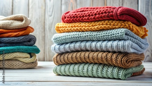 A delightful collection of knitted scarves on a white table, these cozy accessories add warmth and charm to winter outfits and home decor.