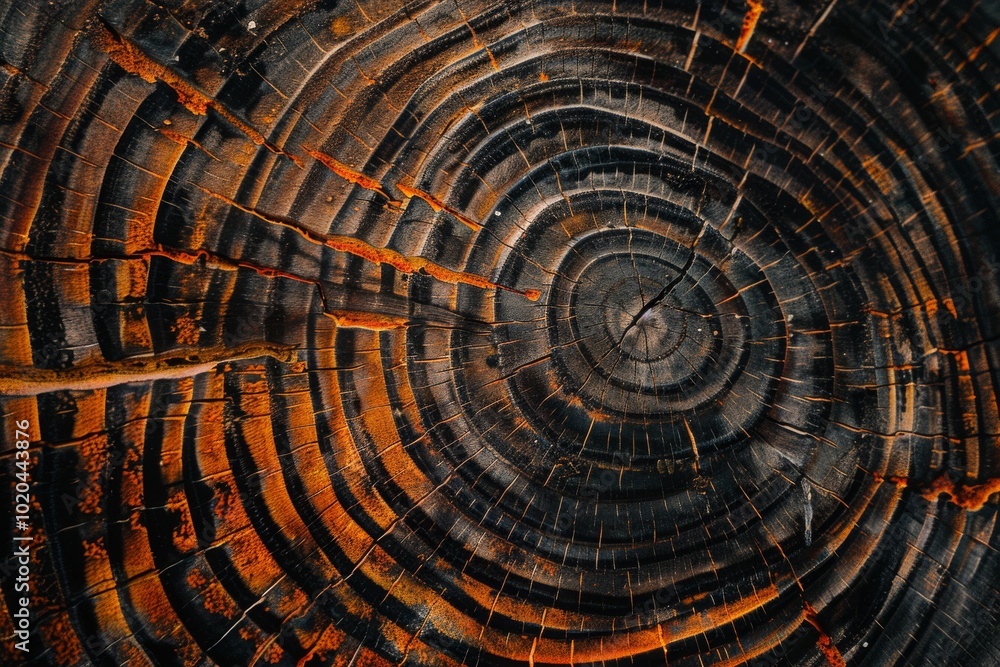 A cross-section of a richly textured tree stump reveals the intricate rings of time, etched in fiery hues. A cross-section of a richly textured tree stump reveals the intricate rings of time, etched in fiery hues.