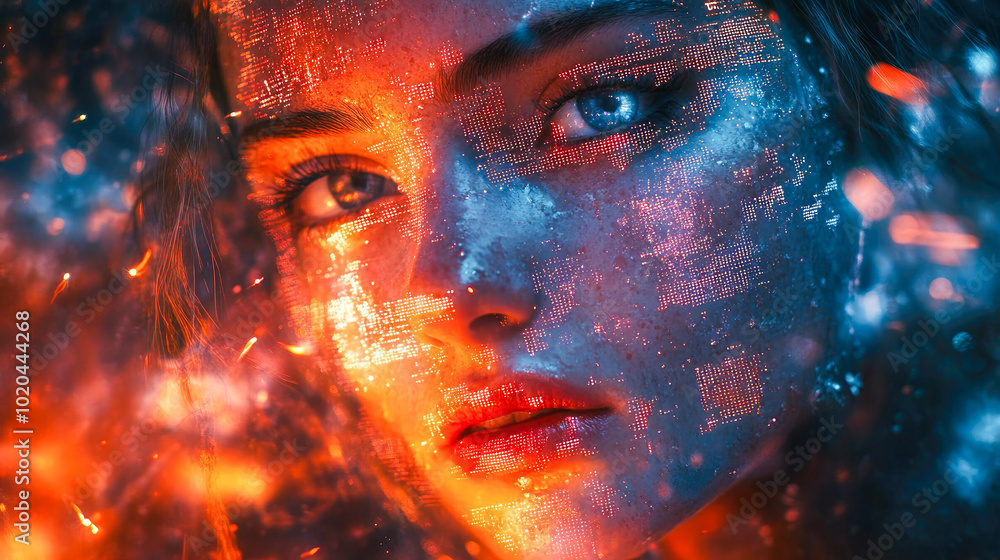 A striking face surrounded by fiery hues and cybernetic textures, creating a fusion of warmth and digital art styles. A striking face surrounded by fiery hues and cybernetic textures, creating a fusion of warmth and digital art styles.