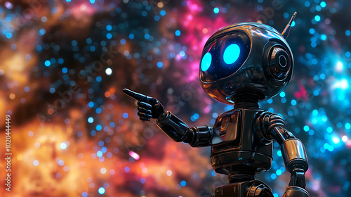 A cute, futuristic robot with glowing blue eyes and a shiny metallic body pointing towards a starry space background photo