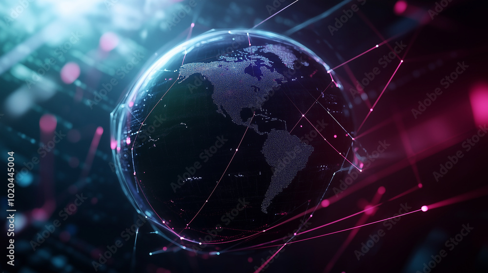 Obraz premium A futuristic earth surrounded by floating geometric shapes, symbolizing the interconnectedness of society, economy, and technology. Bright lines of light connect continents, emphas
