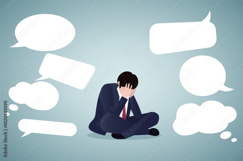 Depressed tired businessman with hands on head. Public opinion pressure, accusation and criticism, overworked concept. Depressed tired businessman with hands on head. Public opinion pressure, accusation and criticism, overworked concept.