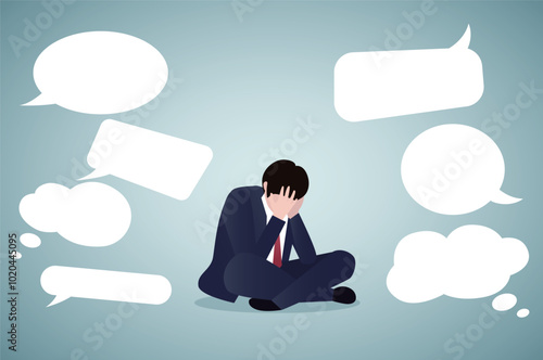 Depressed tired businessman with hands on head. Public opinion pressure, accusation and criticism, overworked concept.