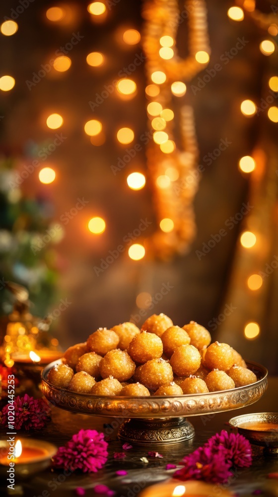 Traditional Indian sweets (laddoo, barfi) arranged in a brass thali on a decorated table, with a background of a festive room filled with lights and garlands. Copy space, Indian traditional festival Traditional Indian sweets (laddoo, barfi) arranged in a brass thali on a decorated table, with a background of a festive room filled with lights and garlands. Copy space, Indian traditional festival
