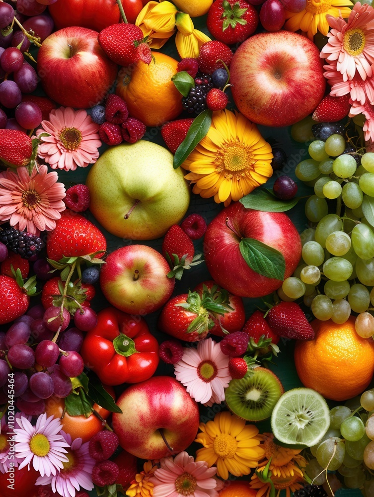 A delightful mix of fresh fruits and blooming flowers showcases bright colors and textures, creating a festive atmosphere for any occasion. Generative AI A delightful mix of fresh fruits and blooming flowers showcases bright colors and textures, creating a festive atmosphere for any occasion. Generative AI