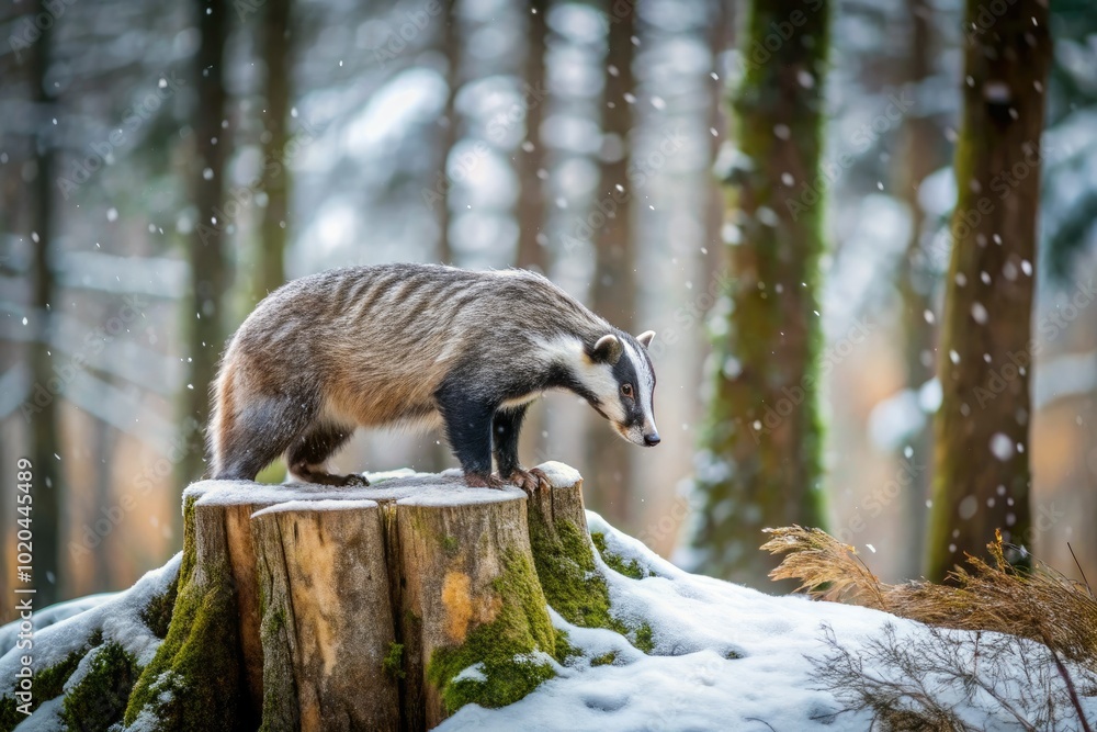 Naklejka premium A European badger forages for food in a snowy forest, revealing its natural habitat through captivating drone photography, showcasing the beauty of winter wildlife.
