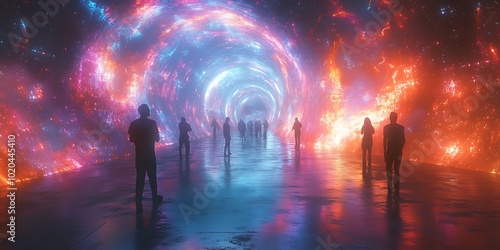 Silhouettes of people standing before a vibrant cosmic portal