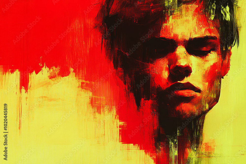 A bold abstract male portrait using vibrant brush strokes, symbolizing inner turmoil and artistic expression in contemporary art. A bold abstract male portrait using vibrant brush strokes, symbolizing inner turmoil and artistic expression in contemporary art.