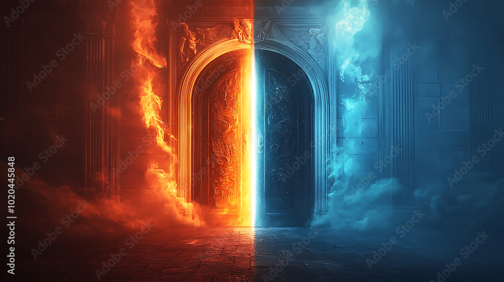 Heaven and Hell Gates Choice with Fiery and Celestial Contrast Heaven and Hell Gates Choice with Fiery and Celestial Contrast