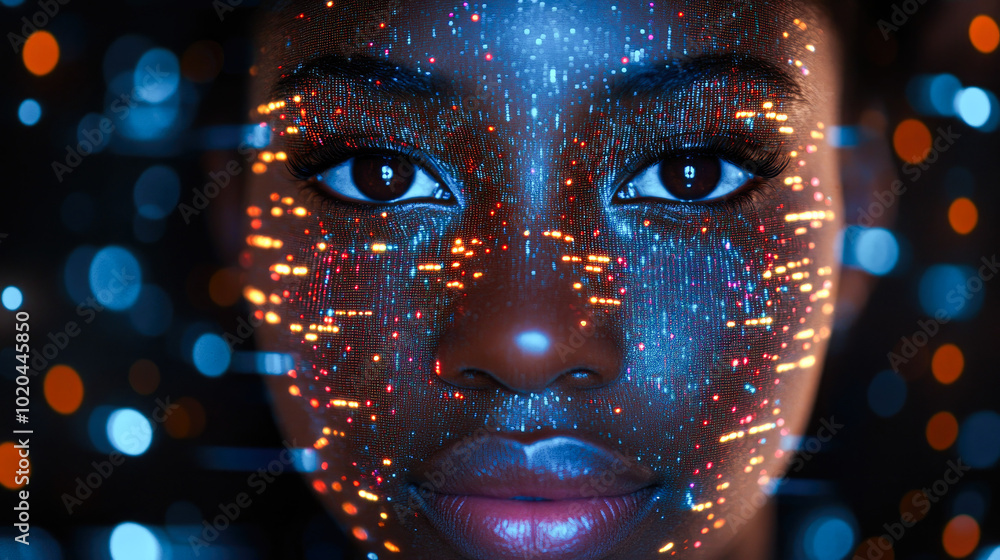 A close-up of a face interwoven with glowing patterns signifies the harmony between humanity and cutting-edge technology. A close-up of a face interwoven with glowing patterns signifies the harmony between humanity and cutting-edge technology.