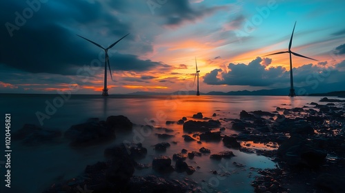 Wind turbines at sea, modern, renewable, eco-friendly, serene and scenic