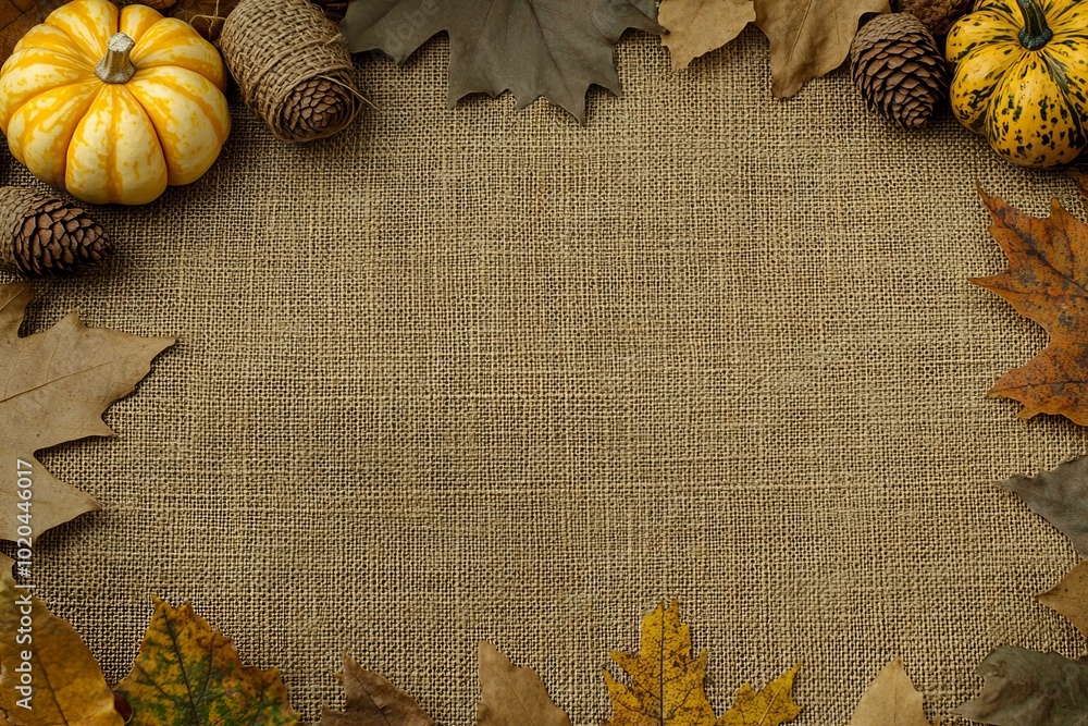 Fall pumpkins, colored fall leaves, framed on burlap. Back to school, harvesting concept, flat lay. There is room for a caption. Fall pumpkins, colored fall leaves, framed on burlap. Back to school, harvesting concept, flat lay. There is room for a caption.