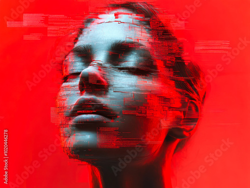 A pixelated composition of a woman's face with interweaving colors of red and blue, highlighting the digital essence of modern art. photo