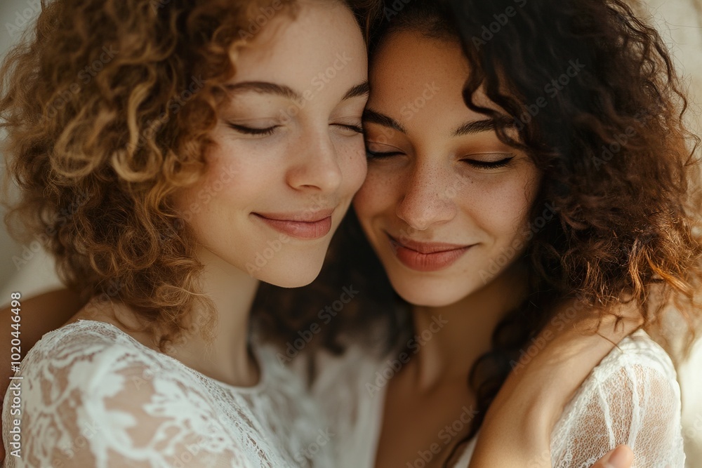 Obraz premium Close up of a lesbian couple embrace in a tender moment .