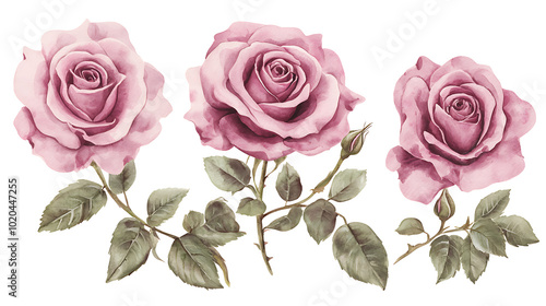 Elegant Watercolor Rose Set with Hand-Painted Pink Flowers on white background. photo