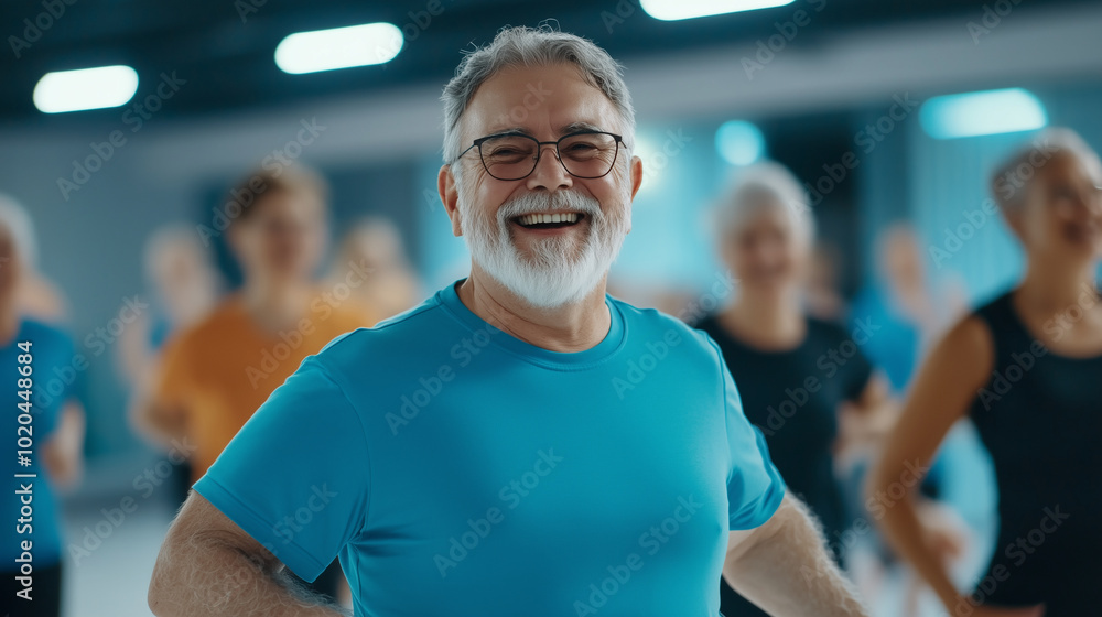 A group of elderly men and women participating in a gentle dance fitness class, moving to the rhythm of music in a vibrant recreation room. Their lively movements and laughter fill A group of elderly men and women participating in a gentle dance fitness class, moving to the rhythm of music in a vibrant recreation room. Their lively movements and laughter fill