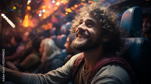 wide angle image of people happy in a bus party