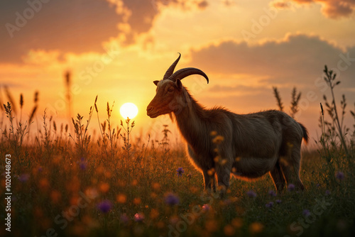 Beautiful evening landscape with a goat grazing in a meadow. photo