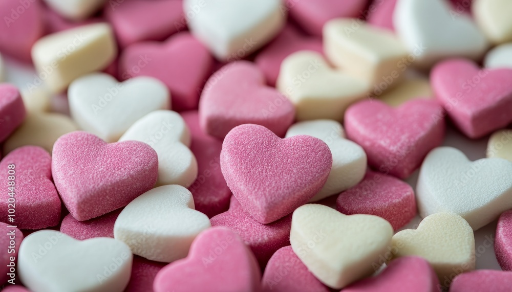 Pink and White Heart-Shaped Candies, Romantic Valentines Day Treats, Sweet Love Background Pink and White Heart-Shaped Candies, Romantic Valentines Day Treats, Sweet Love Background