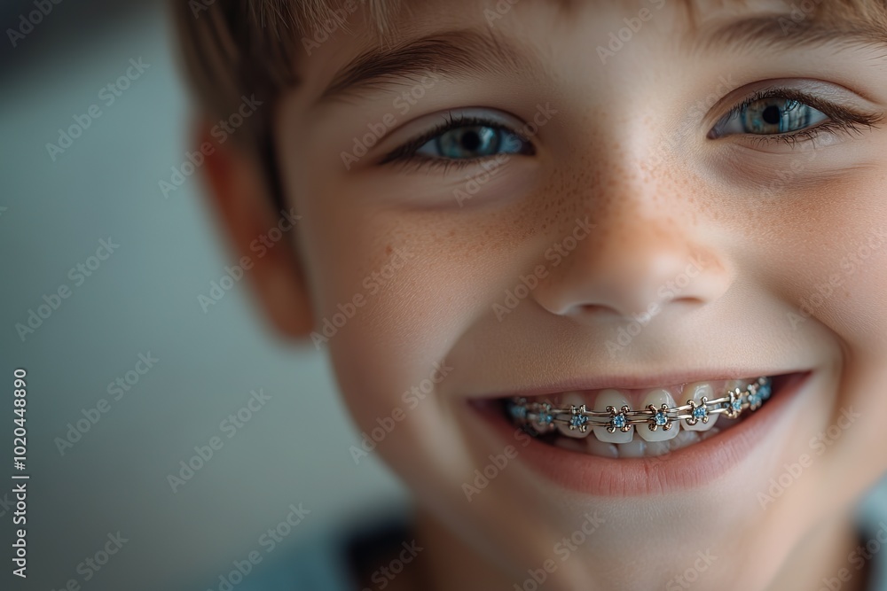 Beautiful child boy with modern braces on teeth, dental care concept Beautiful child boy with modern braces on teeth, dental care concept
