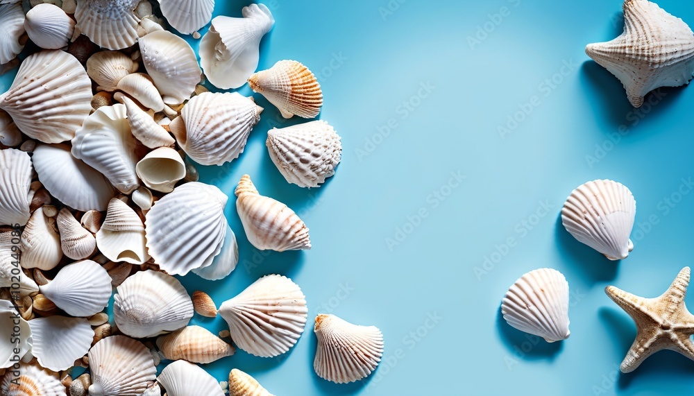 A soothing image of white seashells resting on a pastel blue background, representing the tranquility of summer vacations and the simple pleasures of coastal life, Generative AI A soothing image of white seashells resting on a pastel blue background, representing the tranquility of summer vacations and the simple pleasures of coastal life, Generative AI