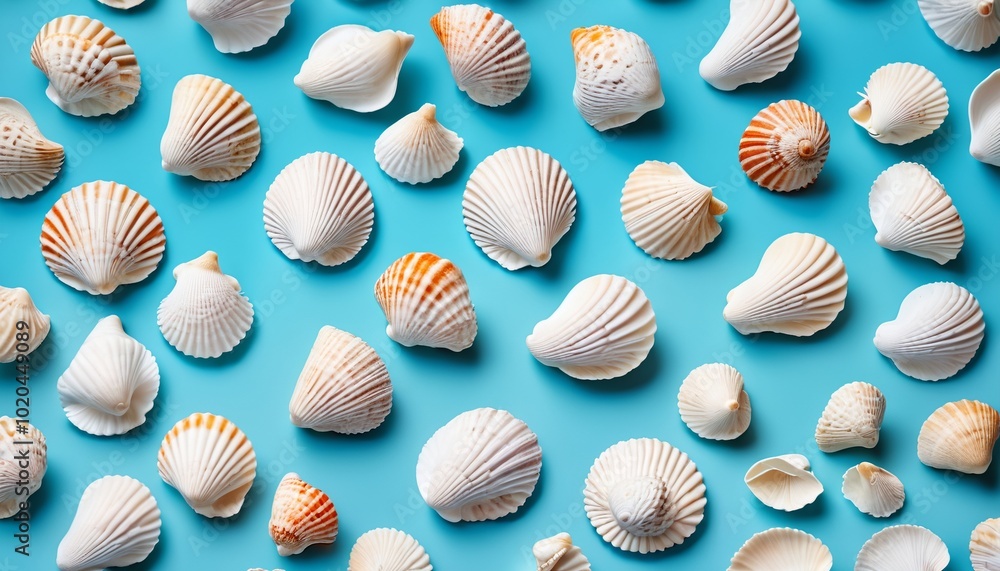 A soothing image of white seashells resting on a pastel blue background, representing the tranquility of summer vacations and the simple pleasures of coastal life, Generative AI A soothing image of white seashells resting on a pastel blue background, representing the tranquility of summer vacations and the simple pleasures of coastal life, Generative AI