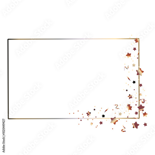 Shiny bronze gradient frame with confetti of dots and stars. Golden glitter border for birthday or other party invitaions and banners