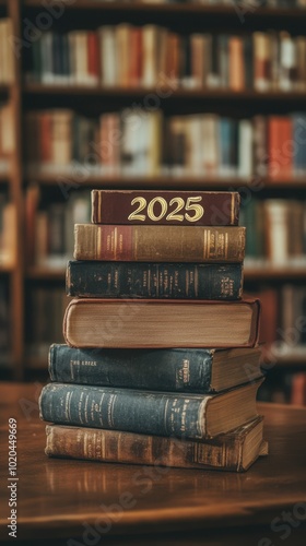 A stack of books with the top book labeled "2025", symbolizing knowledge, education, and personal growth. The background is a warm, cozy library setting, Happy New Year concept, resolution, new era