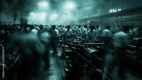 A dim, indistinct warehouse scene with faceless workers crowded around machinery. The blurriness of the image enhances the sense of secrecy and exploitation, capturing the harsh re