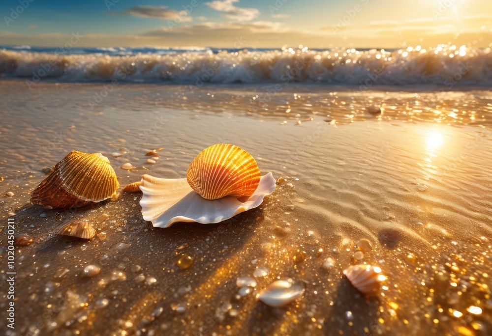 vibrant seashells glimmering reflective coastal sands under bright sunlight captured scenic beach setting, ocean, waves, shore, pebbles, marine, scenery vibrant seashells glimmering reflective coastal sands under bright sunlight captured scenic beach setting, ocean, waves, shore, pebbles, marine, scenery