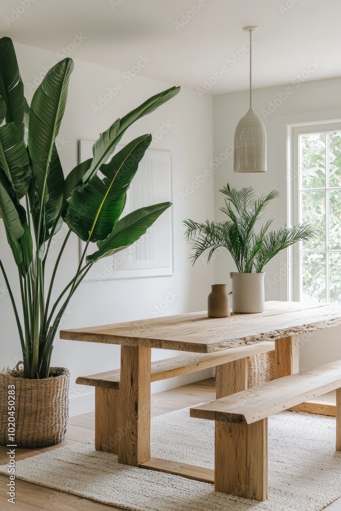 Rustic Wooden Dining Table with Indoor Plants and Minimalist Lighting in Bright Space Rustic Wooden Dining Table with Indoor Plants and Minimalist Lighting in Bright Space