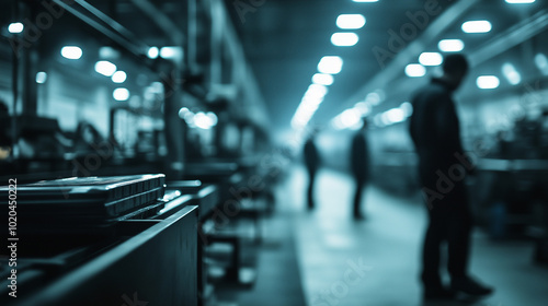 Wallpaper Mural A dark, blurred factory floor with faint outlines of workers and industrial machines. The lack of clarity in the scene suggests the secretive, oppressive conditions of illegal labo Torontodigital.ca
