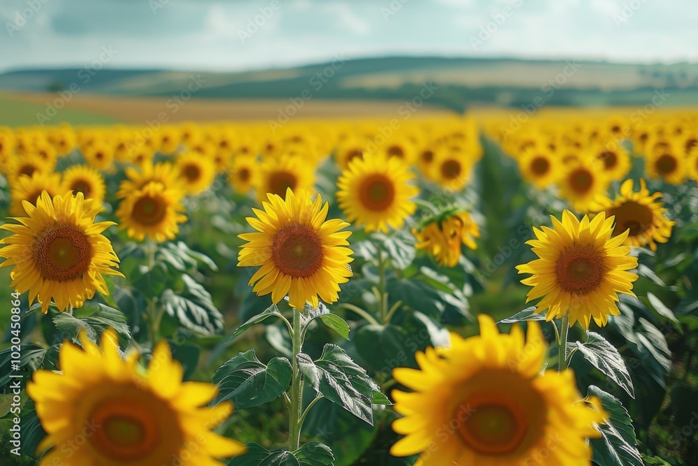 Fototapeta premium Many sunflowers in a field with a sky background, plant background, copy space